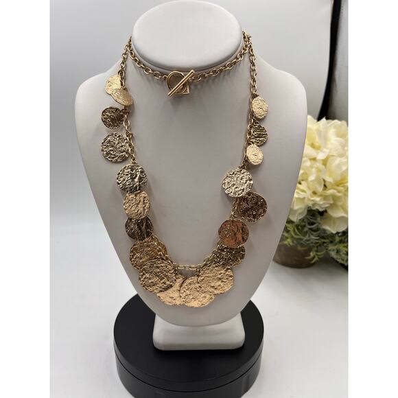 Banana Republic Signed Gold Tone Long Textured Coin Dangle Long Toggle Necklace - Picture 8 of 8